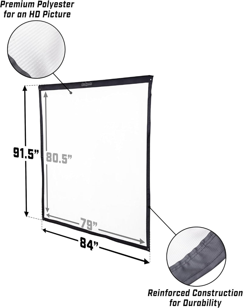 Diagram of a projector screen with dimensions and material details on a white background
