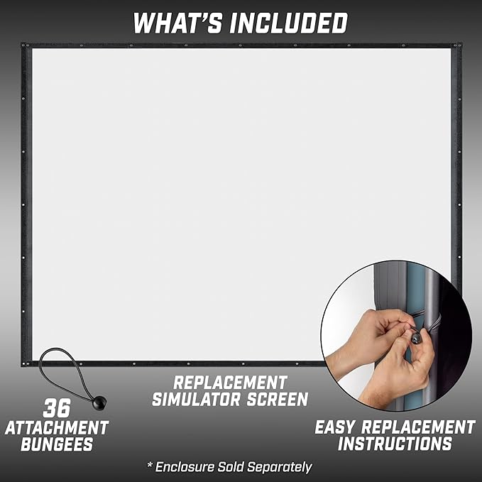 Replacement simulator screen with attachment bungees and replacement instructions on a gray background