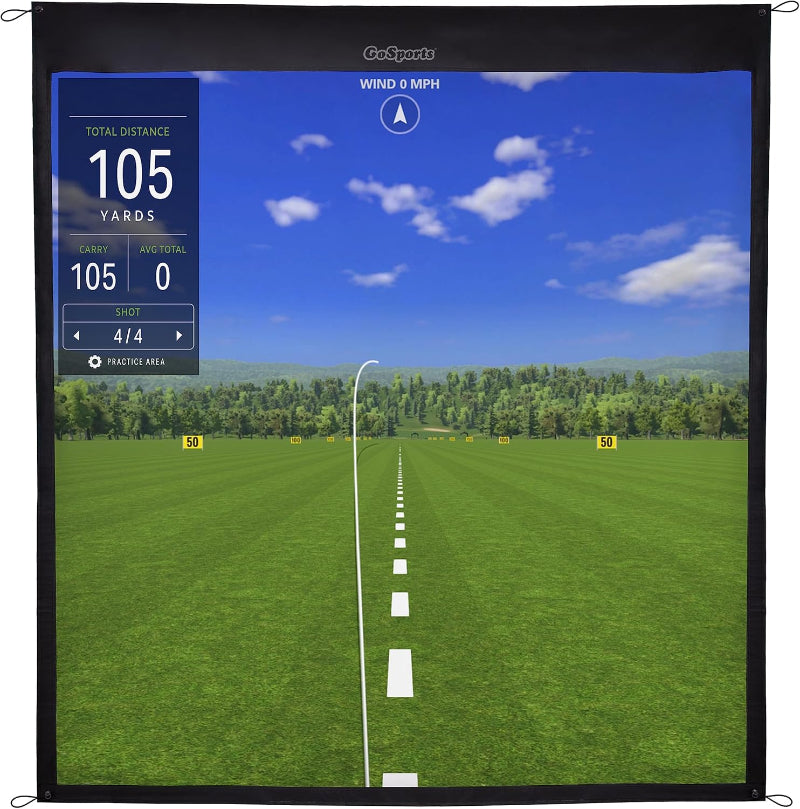 Golf practice screen with digital display on a grassy field