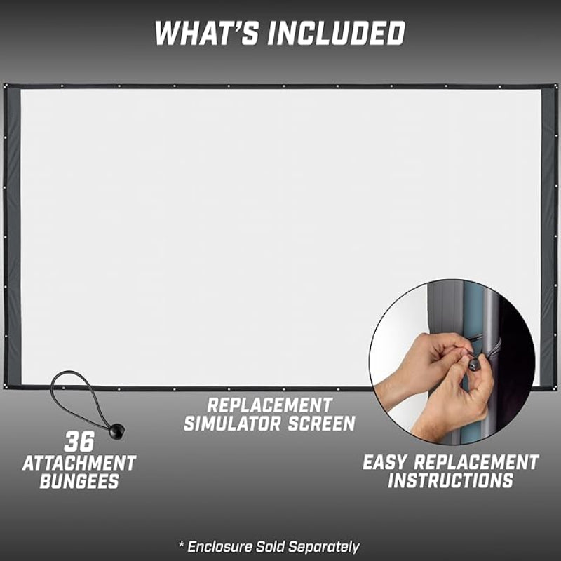 Replacement simulator screen with attachment bungees and easy replacement instructions on a gray background.