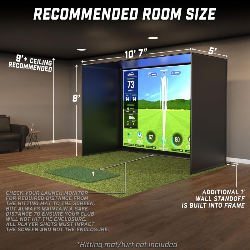 Golf simulator setup with dimensions indicated on a wall.
