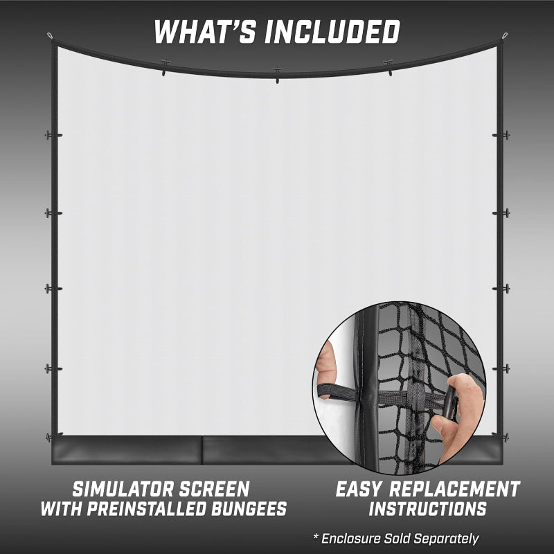Simulator screen with preinstalled bungees and easy replacement instructions on a gray background