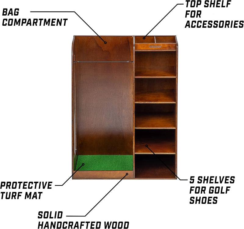 Wooden golf locker with labeled compartments on a white background