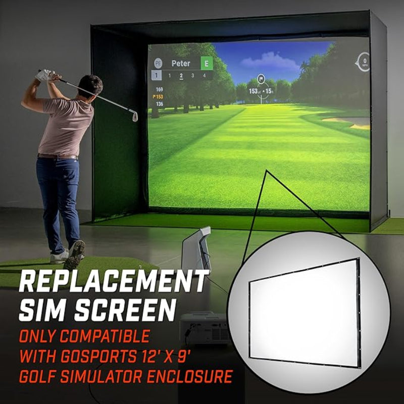 Golf simulator setup with a screen replacement sim screen for Gosports enclosure