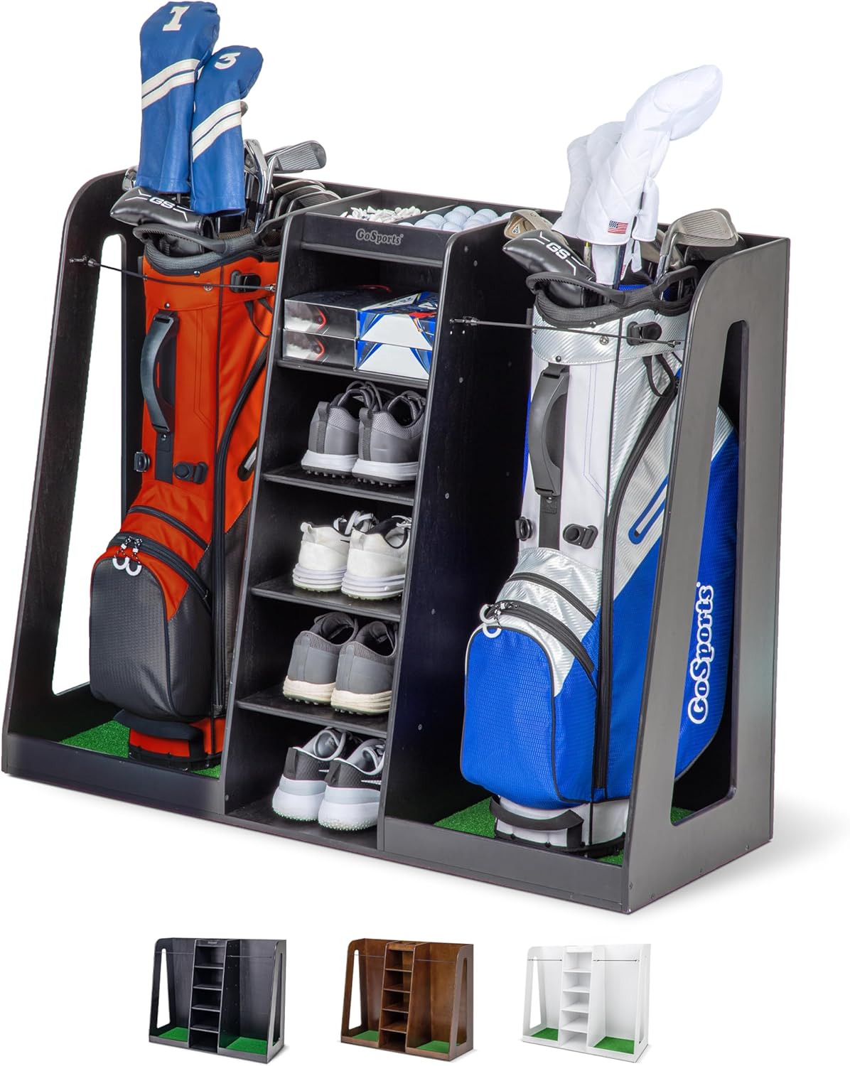 GoSports Premium Wooden Golf Bag Organizer and Storage Rack - Black