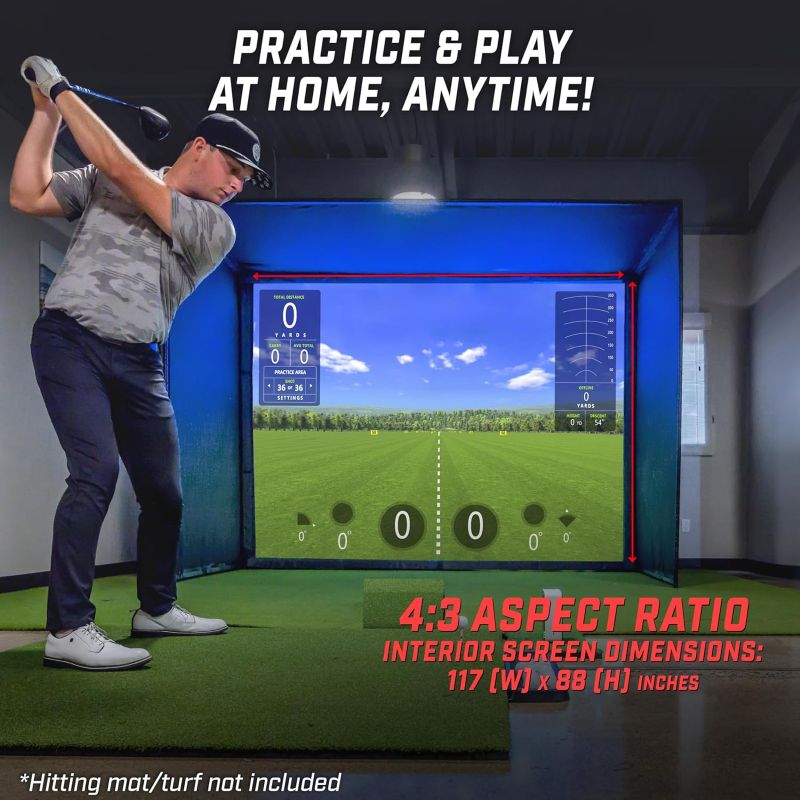 Person practicing golf swings in a home indoor golf simulator. 4:3 aspect ratio.