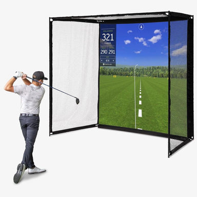 Golf simulator with screen with net enclosure displaying a golf course and player in action.