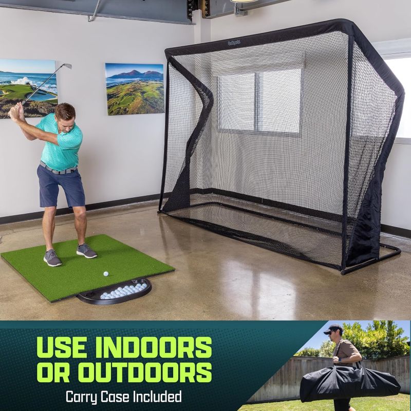 Man practicing golf swings indoors using golf net and mat, with text indicating it can be used indoors or outdoors.