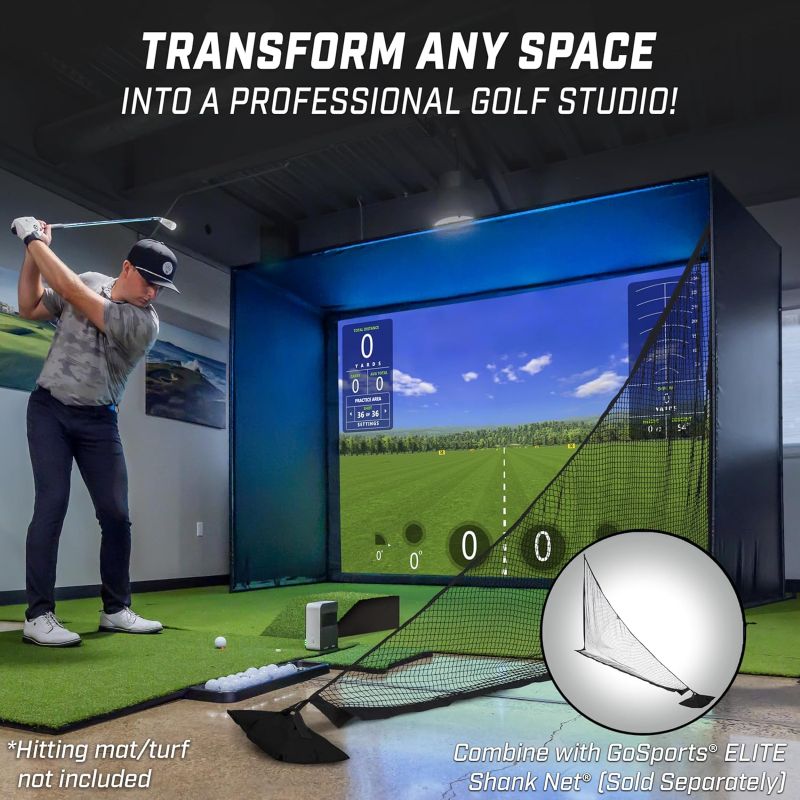 Indoor golf simulator setup with a person, text 'Transform any space into a professional golf studio!'.