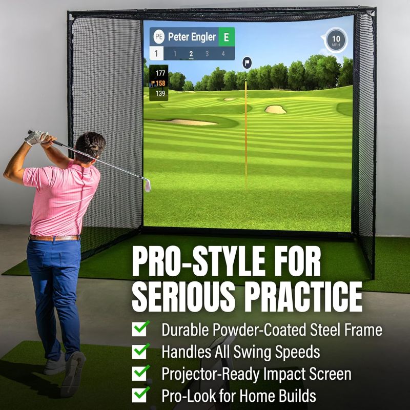 Person practicing golf swings in front of a screen displaying a golf course, highlighting product durability, professional look and readiness for home use.