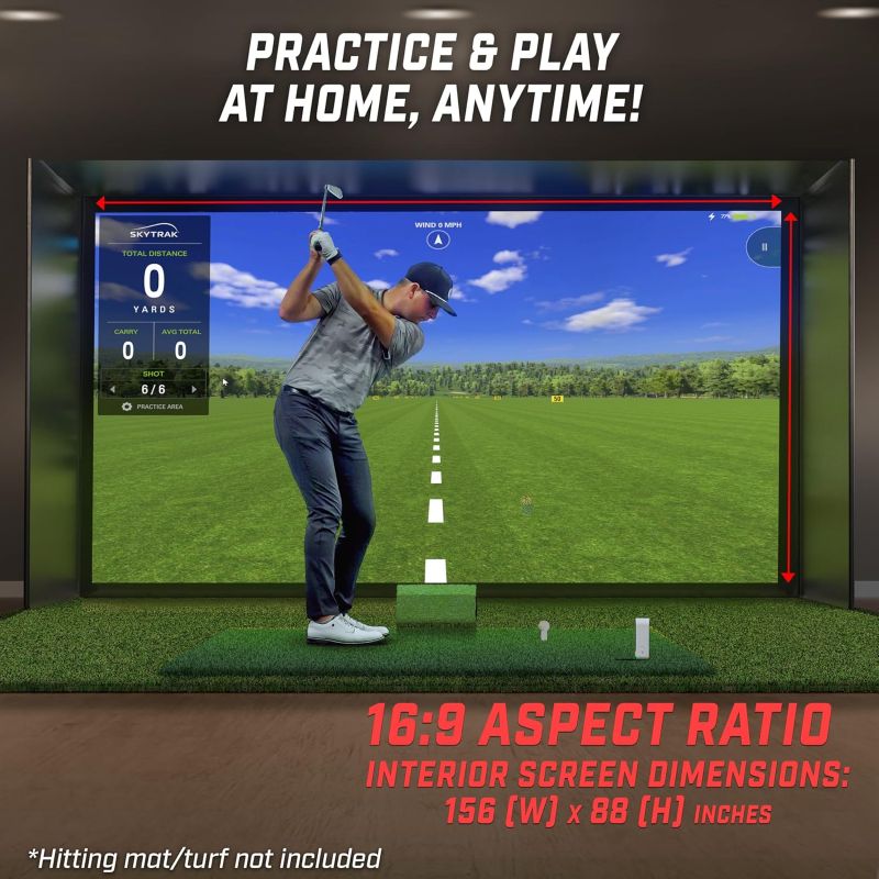 Golf simulator setup with a person, featuring text 'Practice & Play At Home, Anytime!' and screen dimensions.