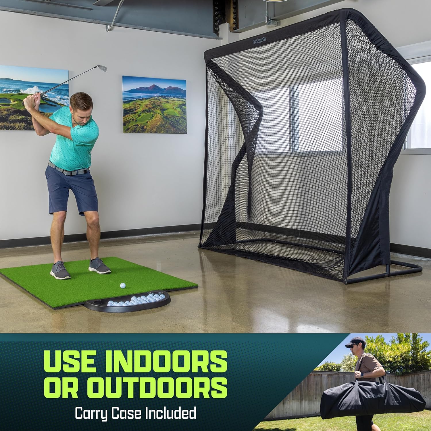Man practicing golf swings indoors using a golf net and mat, with text indicating indoor or outdoor use.