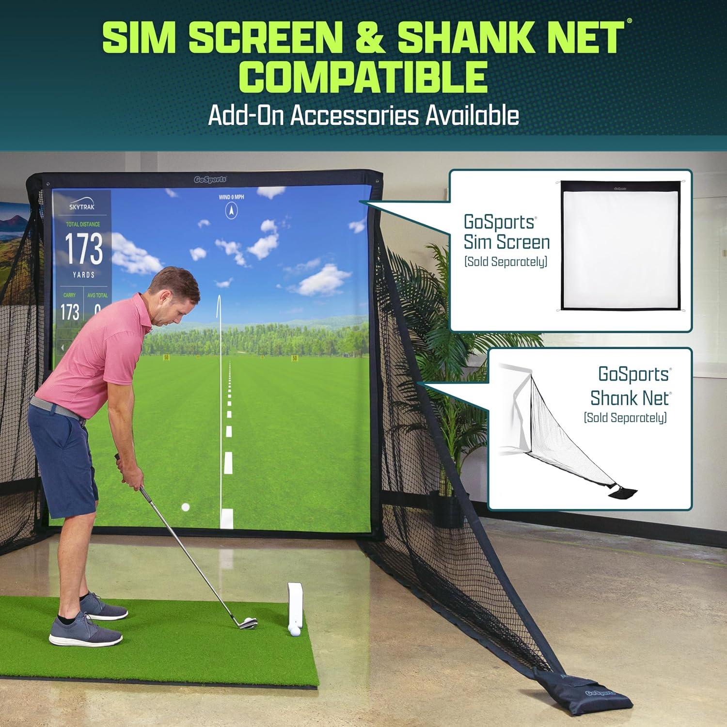 Person playing golf on a simulator with GoSports equipment, including a screen and shank net (sold separately).