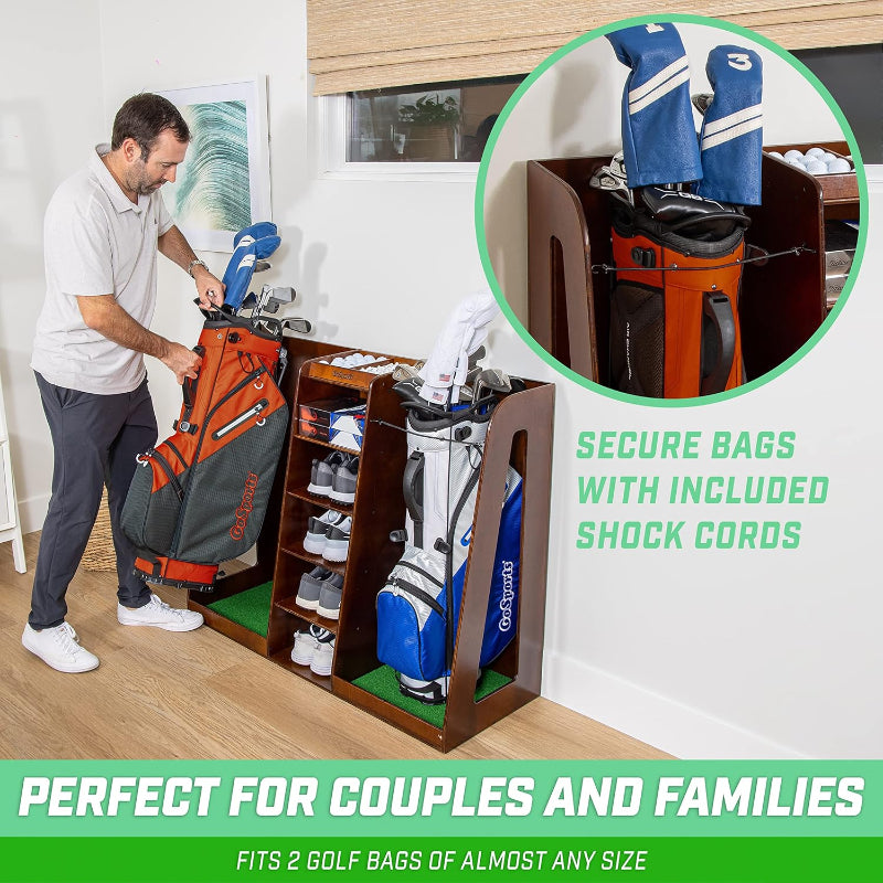 Man organizing golf bags on a wooden rack with text highlighting features.