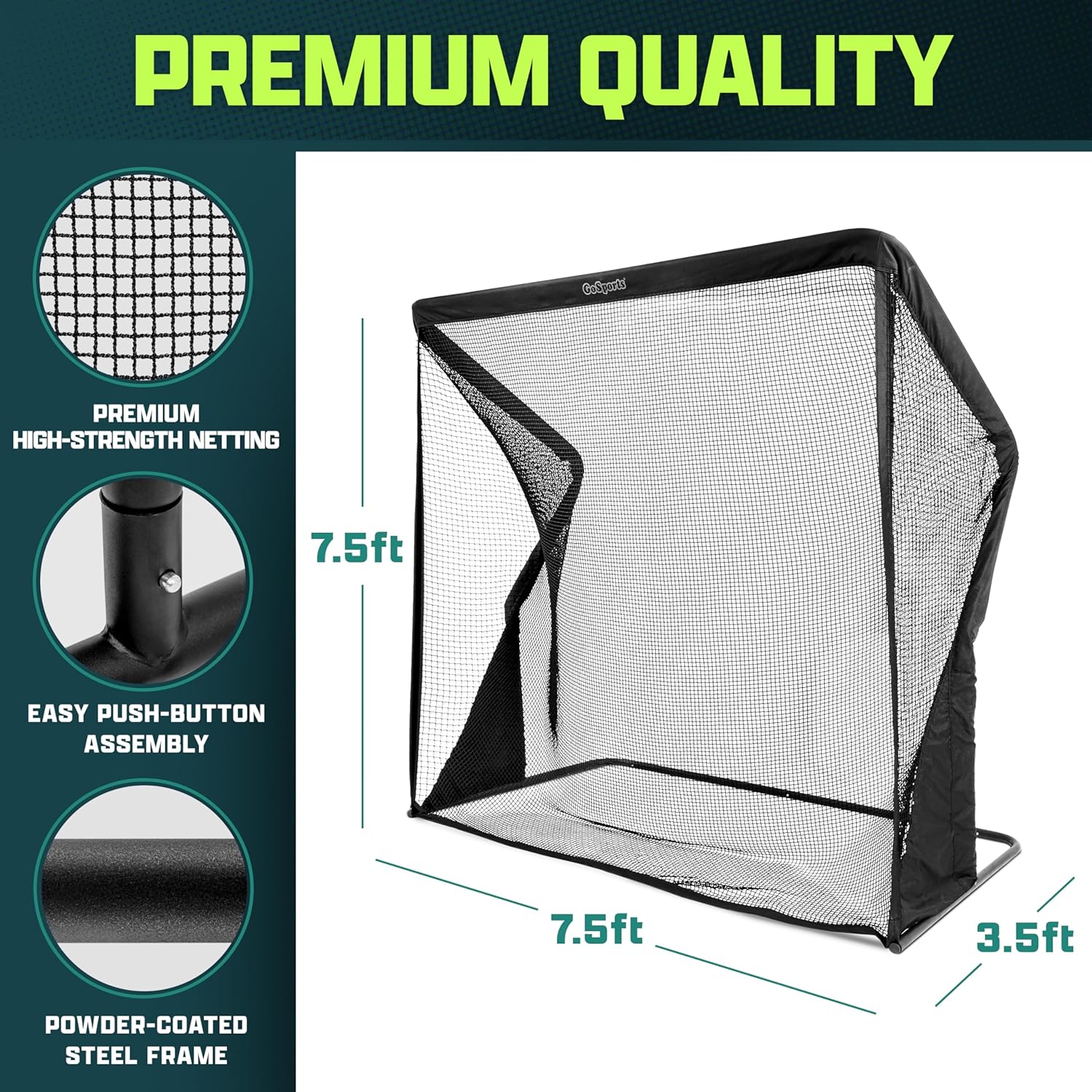 Golf practice net with features highlighted - premium strength netting, easy push-button assembly, steel frame