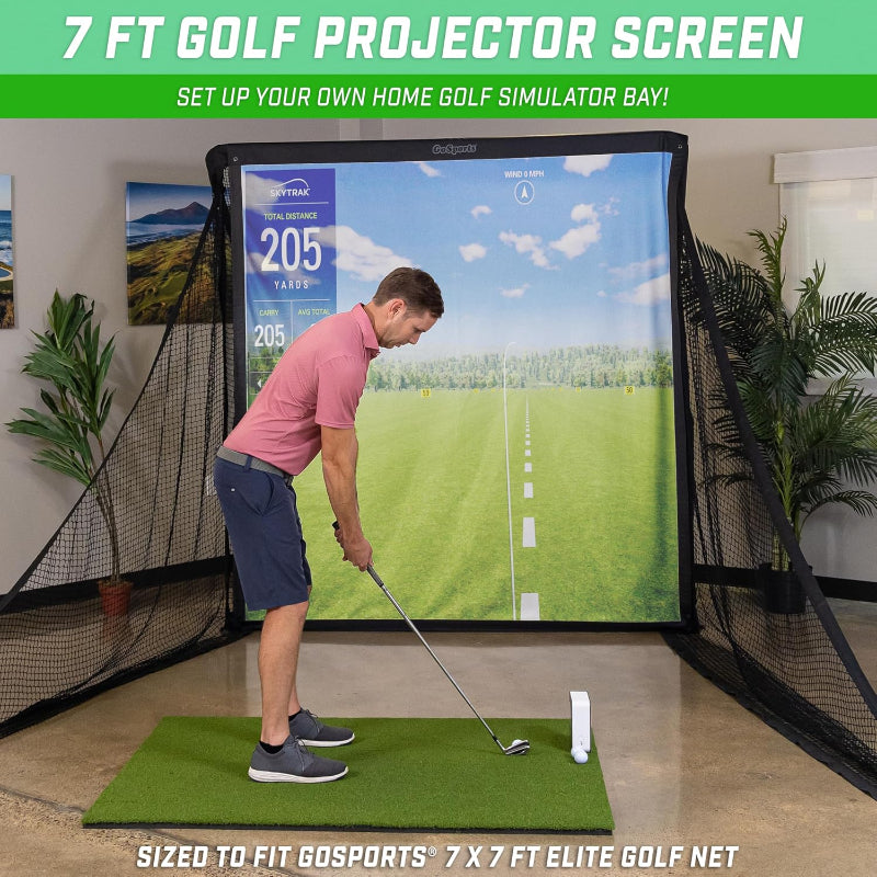 Man practicing golf swings in a home setup with a 7 ft projector screen displaying a golf course.