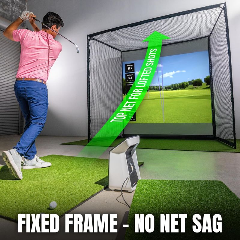 Person playing golf in a indoor simulator with a fixed frame and no net sag.