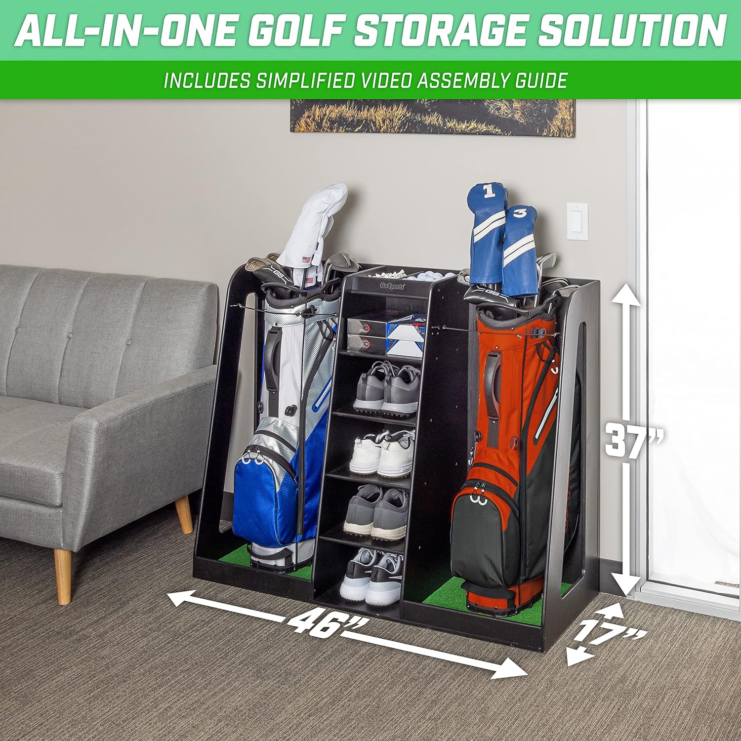 GoSports Premium Wooden Golf Bag Organizer and Storage Rack - Black