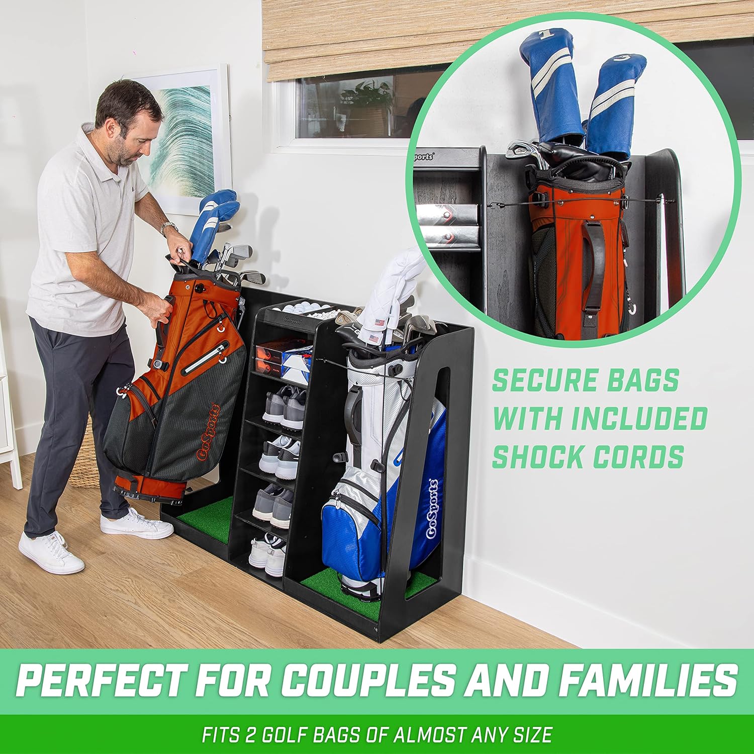 GoSports Premium Wooden Golf Bag Organizer and Storage Rack - Black