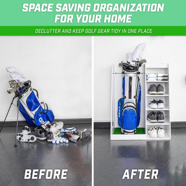 Before and after comparison of golf gear organization with a storage unit.