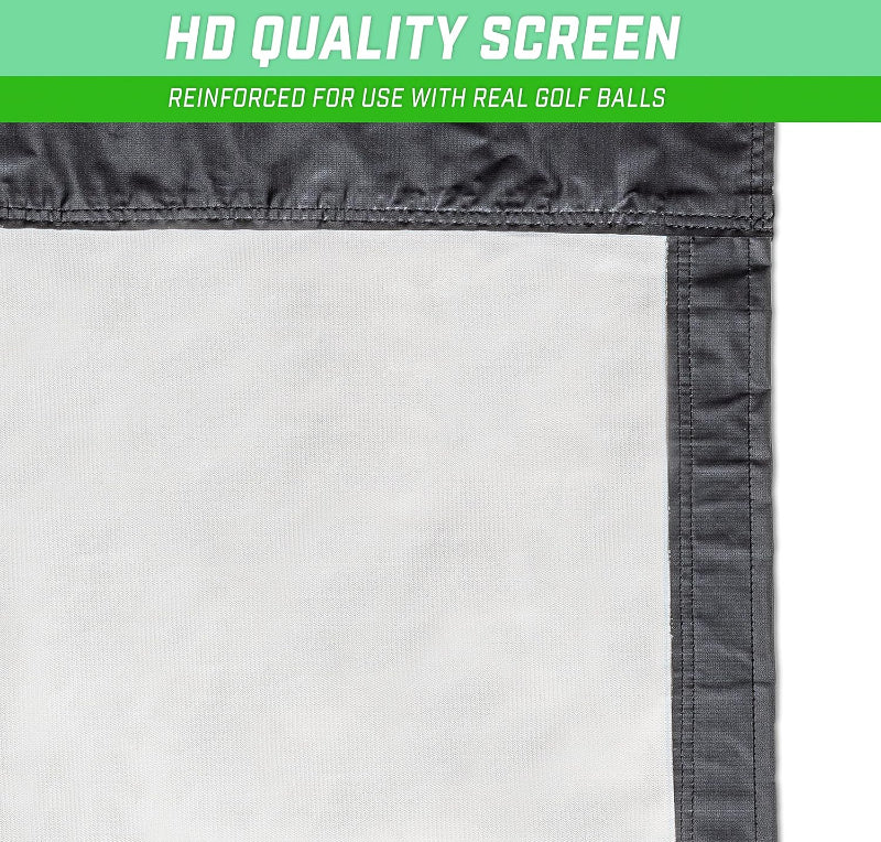 Close-up of a white screen with black border, labeled 'HD Quality Screen' and 'Reinforced for use with real golf balls'.