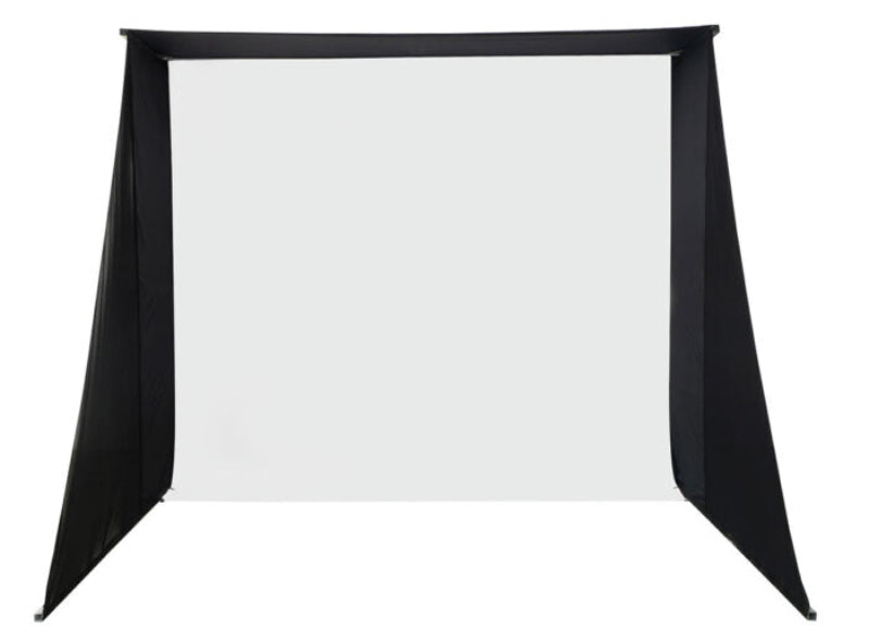 White portable projector screen with black stands on a white background