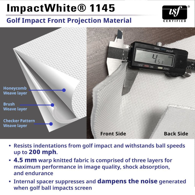 Golf impact front projection material with measurements and certification details.