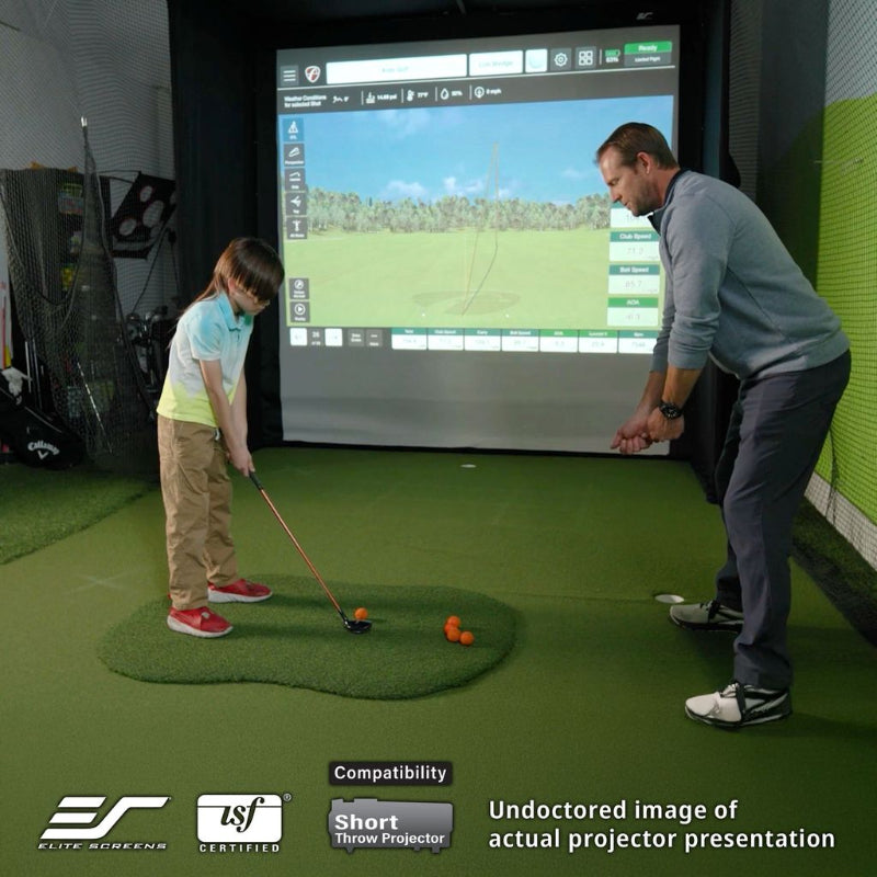 Two people playing a virtual golf game on a screen with Elite Screens and Short Throw Projector logos.