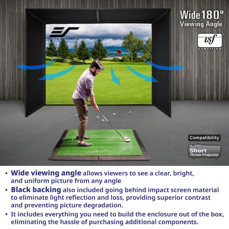 Golf simulator setup with a screen displaying a golf course, featuring a wide viewing angle and USF certification.