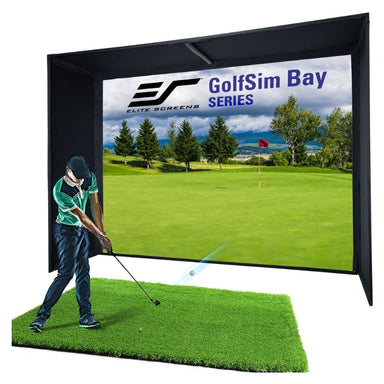 Golf simulator setup with a screen displaying a simulated golf course and a person