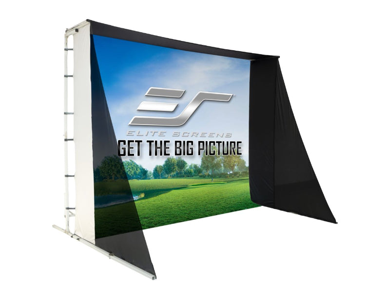 Elite Screens outdoor projection screen with logo and text on a white background