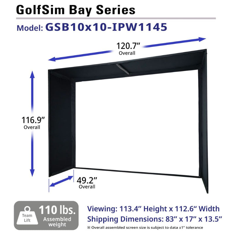GolfSim Bay Series screen with dimensions and specifications on a white background
