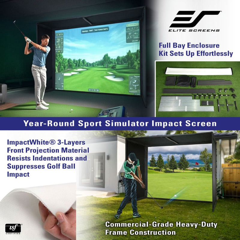 Golf simulator setup with Elite Screens branding and features highlighted.