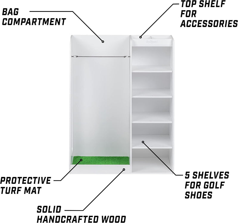 White golf bag compartment with labeled features on a white background