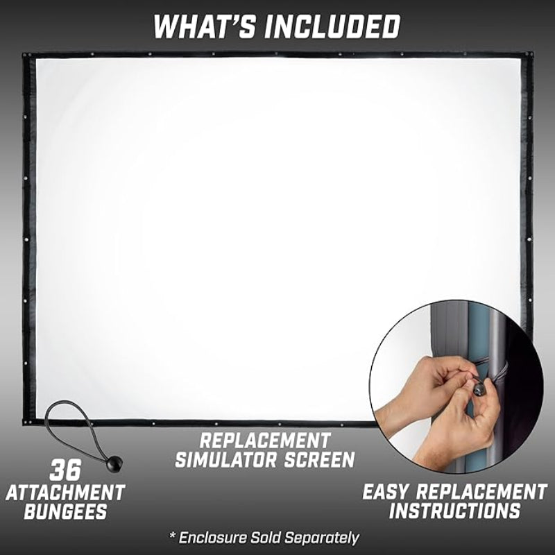 Replacement simulator screen with attachment bungees and easy replacement instructions on a gray background.