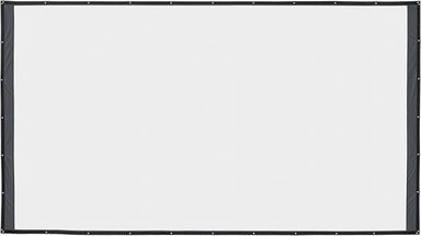 White projector screen with black frame on a white background