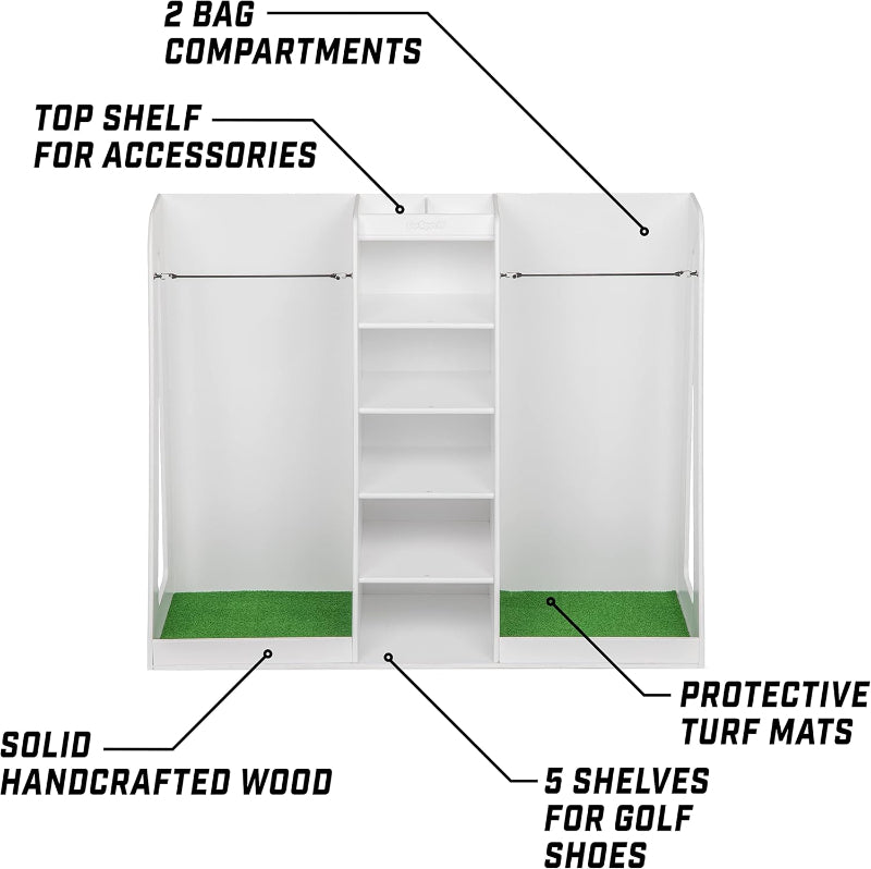 White golf bag storage cabinet with labeled compartments on a white background