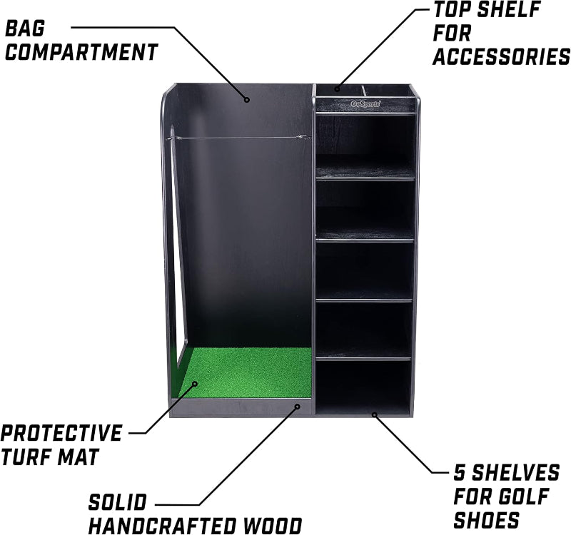 Black golf bag storage cabinet with labeled compartments on a white background