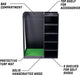 Black golf bag storage cabinet with labeled compartments on a white background