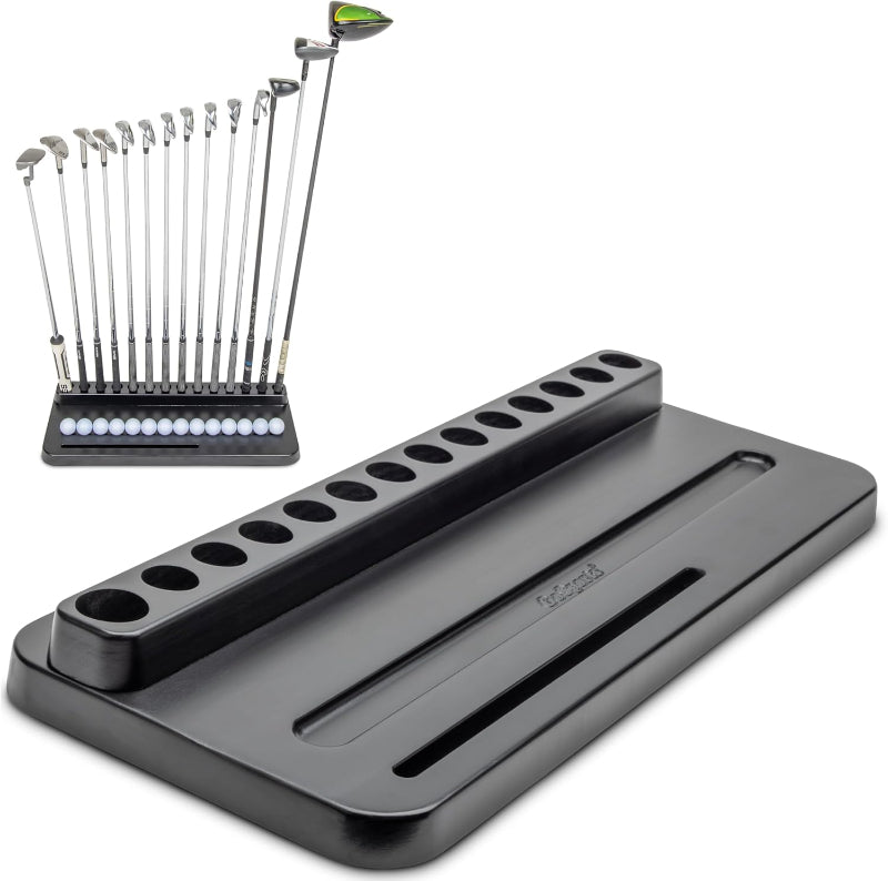 Golf club rack with golf clubs on a white background