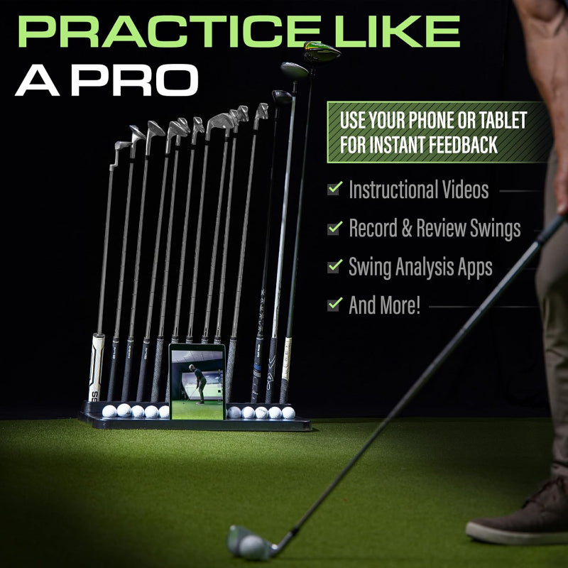 Golf practice device with golf clubs and a screen displaying instructional videos on a green floor.