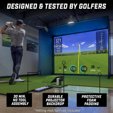 Golf simulator setup with a screen displaying a golf course, surrounded by text highlighting features- 30 minute assembly, durable backdrop, protective foam padding.