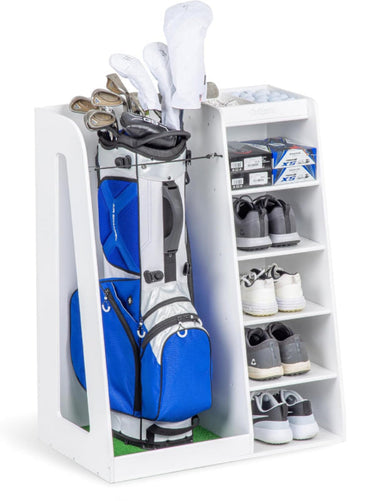 Golf bag and shoes on a white shelf with additional shelves and a golf bag organizer shown.