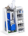 Golf bag and shoes on a white shelf with additional shelves and a golf bag organizer shown.