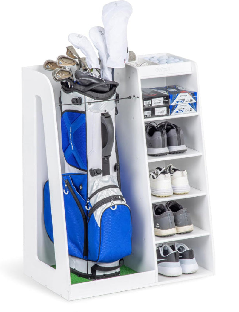 Golf bag and shoes on a white shelf with additional shelves and a golf bag organizer shown.
