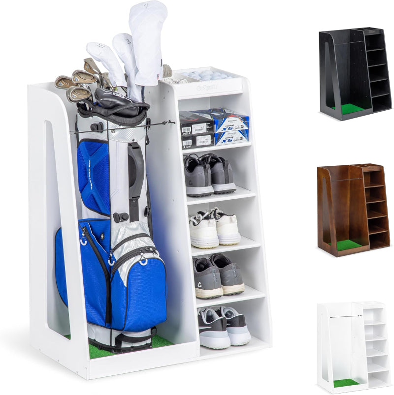 Golf bag and shoes on a white shelf with additional shelves and a golf bag organizer shown.