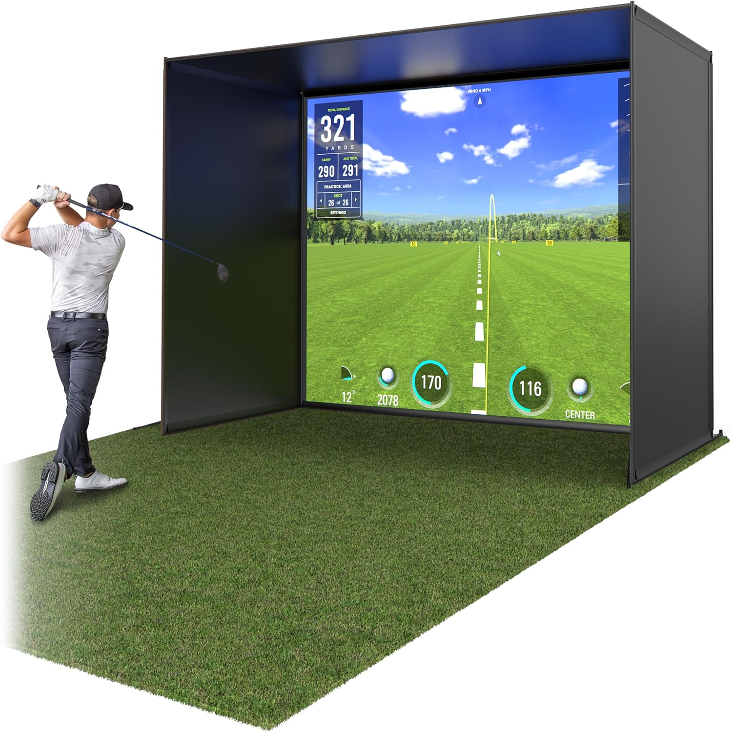 Golf simulator setup with a screen displaying a golf course and a person。