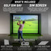 Golf simulator setup with screen displaying a golf game, surrounded by text detailing included components and requirements.