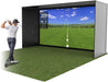 Golf simulator with a screen displaying a golf course and a person