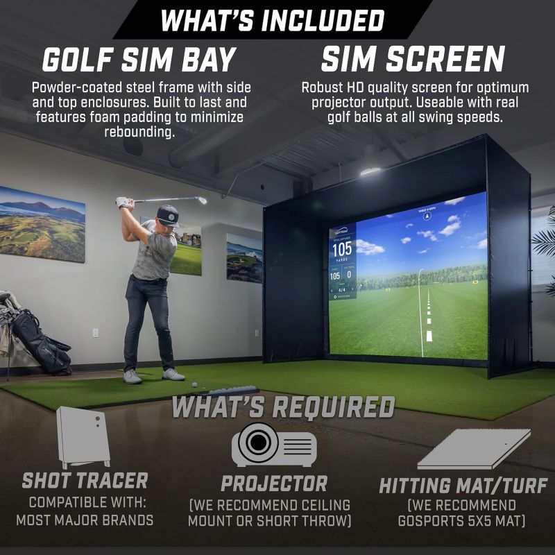 Golf simulator setup with a person, featuring a screen displaying a golf course. Includes: sim bay, sim screen. 